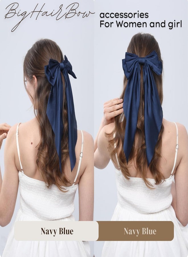 LuSeren 2PCS Big Hair Bow Clips for Women Girls – Navy Blue Satin Ribbon Bow Barrettes with Long Tails, Large Hair Accessories for Ponytail, Party, Wedding & Everyday Wear - Image 5